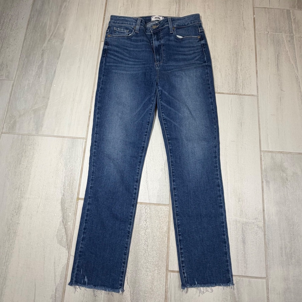 PAIGE Hoxton Slim High Rise Raw Hem Jeans Blue Wash Size 30